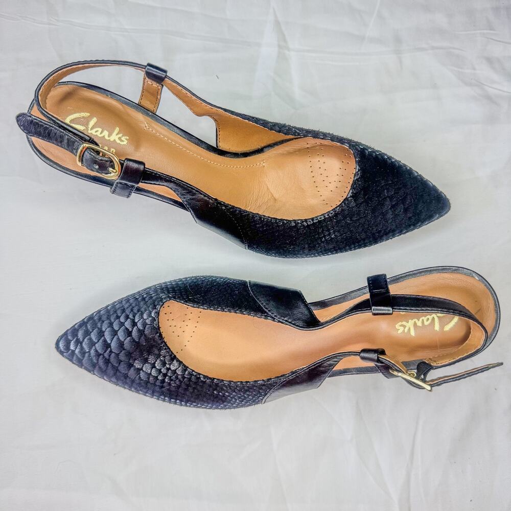 Clarks Black Textured Woven Pointed Toe Kitten Heel Slingback Pumps Size 7 /2